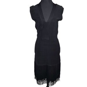 Venus Black Bandage Fringe Mini Dress Woman Size 4 V Neck Sleeveless Cocktail